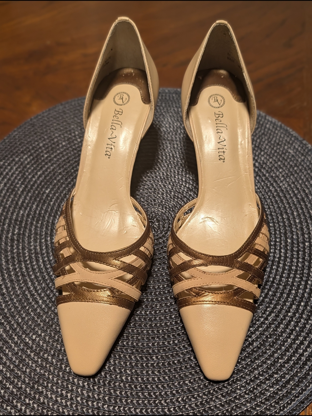 Bella Vita Women's Leather Beige and Brown Strappy Pointed-Toe Heels. Sz 8.5N.